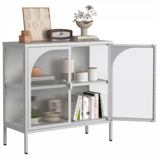 Metal Sideboard Cabinet,Accent Storage Cabinet with 2 Glass doors,Modern Coffee Bar Cabinet with Adjustable Shelves 154 lbs Capacity for Kitchen, Living Room and Hallway, White