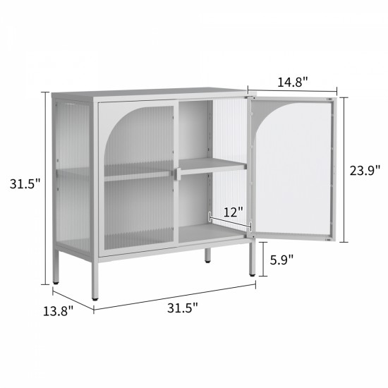 Metal Sideboard Cabinet,Accent Storage Cabinet with 2 Glass doors,Modern Coffee Bar Cabinet with Adjustable Shelves 154 lbs Capacity for Kitchen, Living Room and Hallway, White