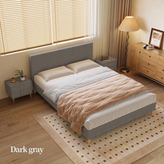 Queen size bed, Cotton Linen Fabric, Simple Style, Stable Structure, Easy to Install, Dark Gray