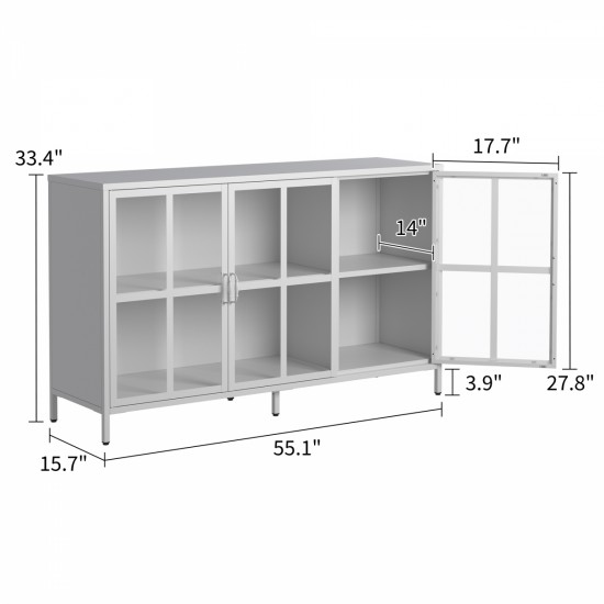 Heavy Duty Metal Modern Sideboard Buffet Cabinet with Storage Premium Steel Storage Cabinet ,Adjustable Feet,Glass Doors,Large Capacity Organizer