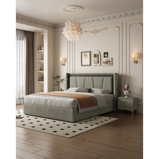 Queen Size, Cotton and Linen Fabric, Pneumatic Bed, with Storage Space under the Bed, Stable Bed Structure,Dark Gray