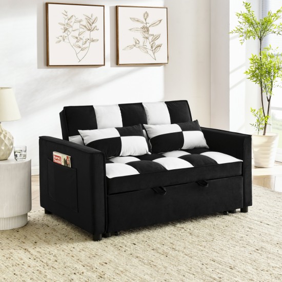 modern velvet loveseat sofa couch  pull out  bed,3 in one convertible for living room sofa bed,black white