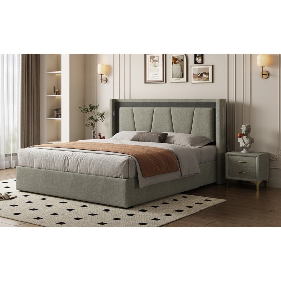 Queen Size, Cotton and Linen Fabric, Pneumatic Bed, with Storage Space under the Bed, Stable Bed Structure,Dark Gray