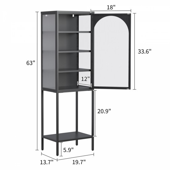 Metal Glass Door Display Storage Cabinet - 5-Tier Cube Bookshelf Storage Cabinet with 3 Adjustable Shelves For kitchen, dining room, living room, bathroom, home office,Black