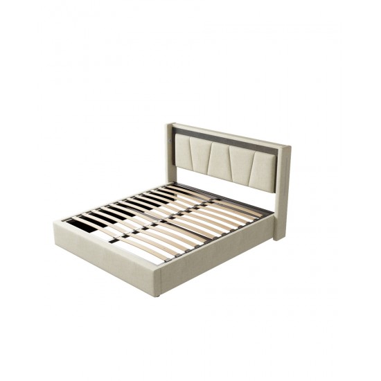 Queen Size, Cotton and Linen Fabric, Pneumatic Bed, with Storage Space under the Bed, Stable Bed Structure,Light Gray