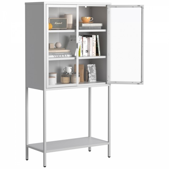 59 InchH Heavy Duty Metal Storage Cabinet, Display Storage Cabinet with Glass Doors and 2 Adjustable Shelves, Tall Bookcase Modern Bookshelf Cabinet for Home Office, Living Room, Pantry