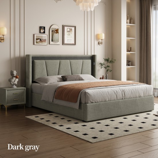 Queen Size, Cotton and Linen Fabric, Pneumatic Bed, with Storage Space under the Bed, Stable Bed Structure,Dark Gray