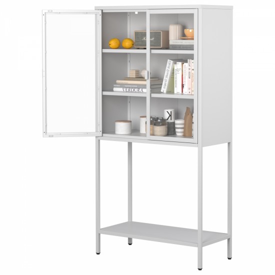 59 InchH Heavy Duty Metal Storage Cabinet, Display Storage Cabinet with Glass Doors and 2 Adjustable Shelves, Tall Bookcase Modern Bookshelf Cabinet for Home Office, Living Room, Pantry