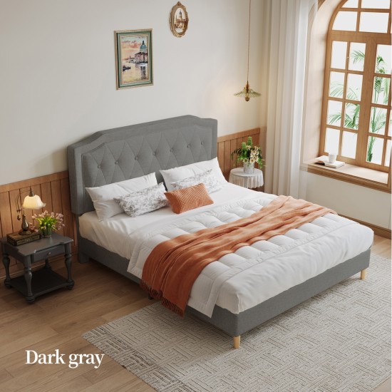 Queen Size, Cotton Linen Fabric, Mesh Mounted Bed, Stable, Easy to Assemble, Dark Grey