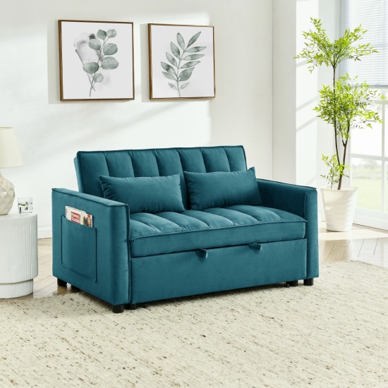 modern velvet loveseat sofa couch  pull out  bed,3 in one convertible for living room sofa bed,blue