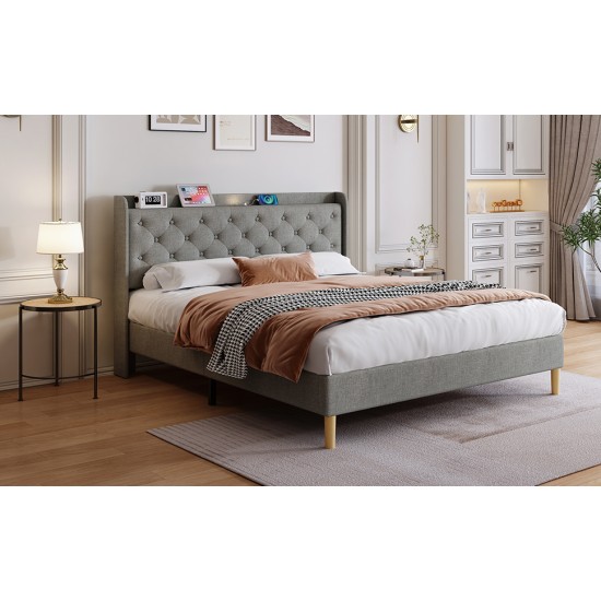 Queen Size Ded, Mesh Backboard Beautiful, With LED Lights, Cotton and Linen Fabric, Frame Stability, Easy to Assemble,Dark Gray