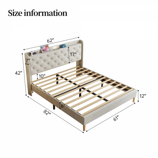 Queen Size Ded, Mesh Backboard Beautiful, With LED Lights, Cotton and Linen Fabric, Frame Stability, Easy to Assemble,Light Gray