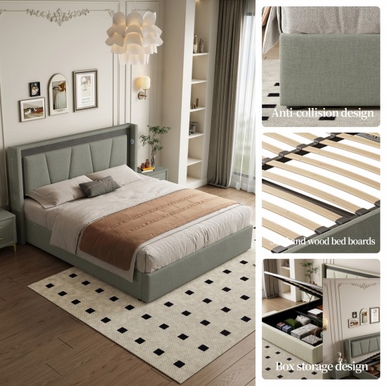 Queen Size, Cotton and Linen Fabric, Pneumatic Bed, with Storage Space under the Bed, Stable Bed Structure,Dark Gray