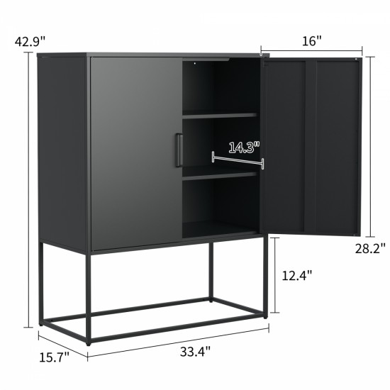 Heavy Duty Metal Buffet Sideboard Modern Steel Storage Cabinet with 2 Shelves, Free Standing Accent Cabinet with Magnetic Doors for Bedroom, Kitchen, and Home Office, Anti-Tip Design Easy Assemble