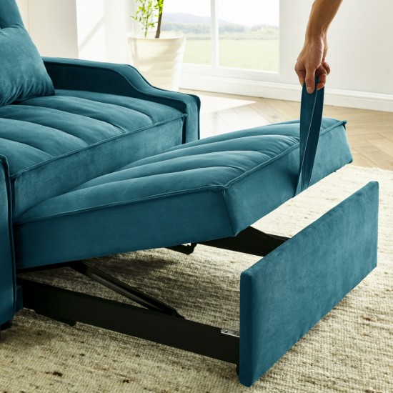 modern velvet armchair sofa couch  pull out  bed,3 in one convertible for living room sofa bed,blue