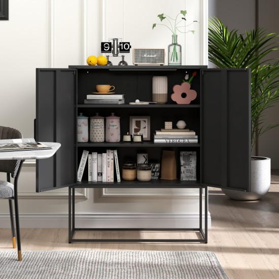 Heavy Duty Metal Buffet Sideboard Modern Steel Storage Cabinet with 2 Shelves, Free Standing Accent Cabinet with Magnetic Doors for Bedroom, Kitchen, and Home Office, Anti-Tip Design Easy Assemble