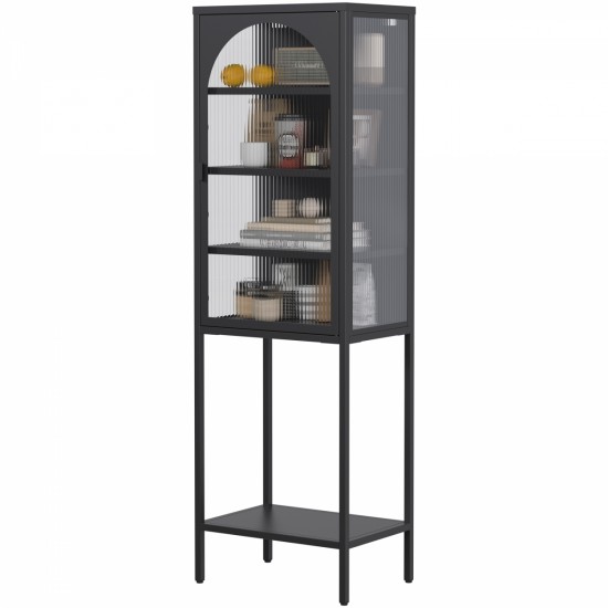 Metal Glass Door Display Storage Cabinet - 5-Tier Cube Bookshelf Storage Cabinet with 3 Adjustable Shelves For kitchen, dining room, living room, bathroom, home office,Black