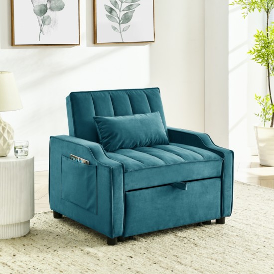 modern velvet armchair sofa couch  pull out  bed,3 in one convertible for living room sofa bed,blue