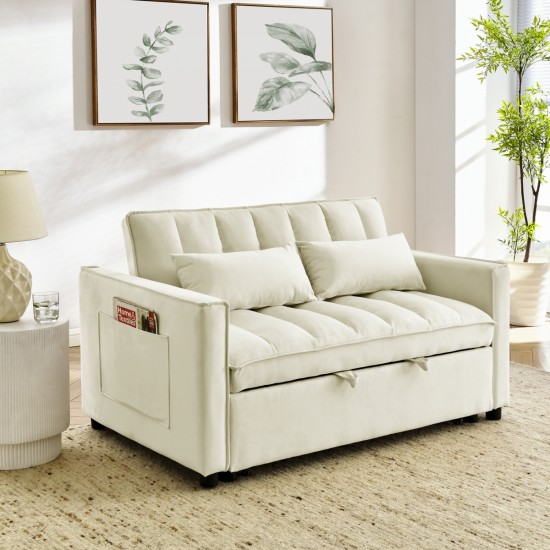 modern velvet loveseat sofa couch  pull out  bed,3 in one convertible for living room sofa bed,beige