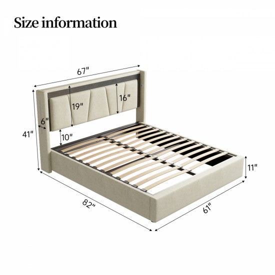 Queen Size, Cotton and Linen Fabric, Pneumatic Bed, with Storage Space under the Bed, Stable Bed Structure,Light Gray