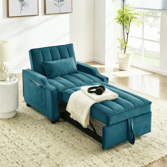 modern velvet armchair sofa couch  pull out  bed,3 in one convertible for living room sofa bed,blue