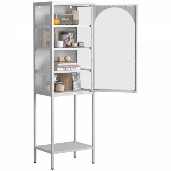 Metal Glass Door Display Storage Cabinet - 5-Tier Cube Bookshelf Storage Cabinet with 3 Adjustable Shelves For kitchen, dining room, living room, bathroom, home office,White