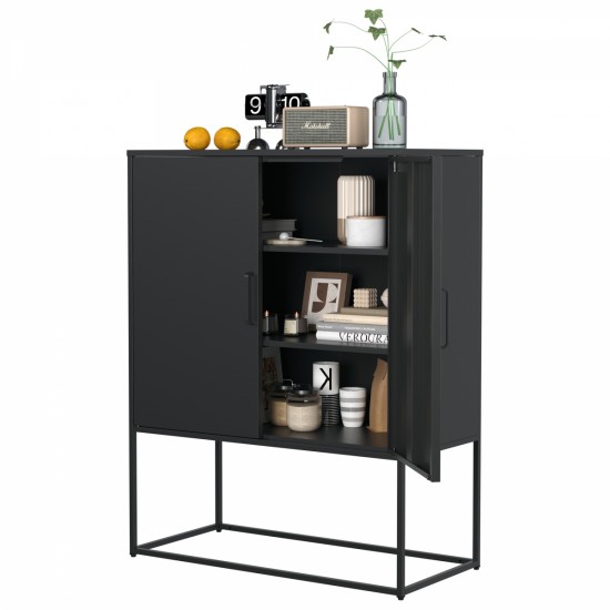 Heavy Duty Metal Buffet Sideboard Modern Steel Storage Cabinet with 2 Shelves, Free Standing Accent Cabinet with Magnetic Doors for Bedroom, Kitchen, and Home Office, Anti-Tip Design Easy Assemble