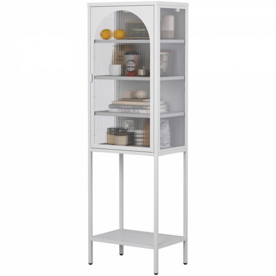 Metal Glass Door Display Storage Cabinet - 5-Tier Cube Bookshelf Storage Cabinet with 3 Adjustable Shelves For kitchen, dining room, living room, bathroom, home office,White