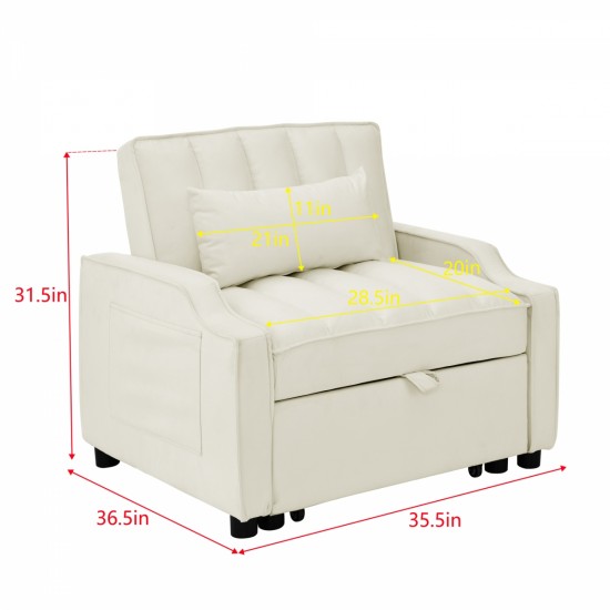 modern velvet armchair sofa couch  pull out  bed,3 in one convertible for living room sofa bed,beige