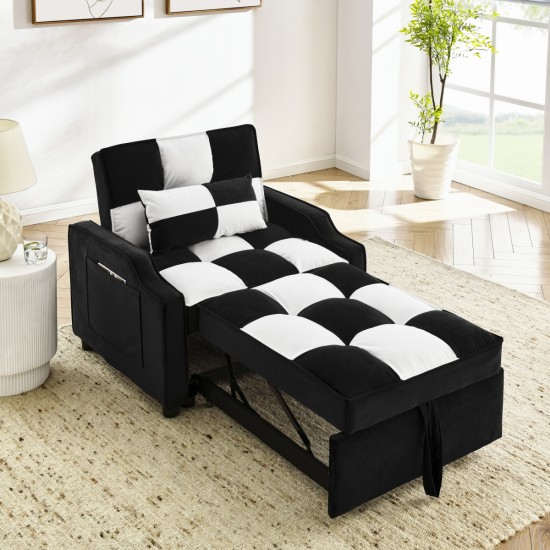 modern velvet armchair sofa couch  pull out  bed,3 in one convertible for living room sofa bed,black white