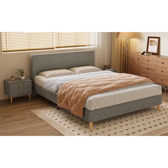 Queen size bed, Cotton Linen Fabric, Simple Style, Stable Structure, Easy to Install, Dark Gray