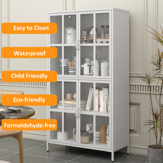 Premium Metal Storage Cabinet with Tempered Glass Doors,Sideboards & Buffets, Adjustable Shelves, Anti-Tipping Device, Magnetic Silent Closure, and Adjustable Feet for Home and Office Use