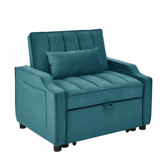 modern velvet armchair sofa couch  pull out  bed,3 in one convertible for living room sofa bed,blue