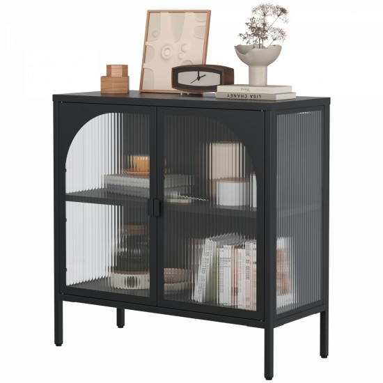 Metal Sideboard Cabinet,Accent Storage Cabinet with 2 Glass doors,Modern Coffee Bar Cabinet with Adjustable Shelves 154 lbs Capacity for Kitchen, Living Room and Hallway, Black