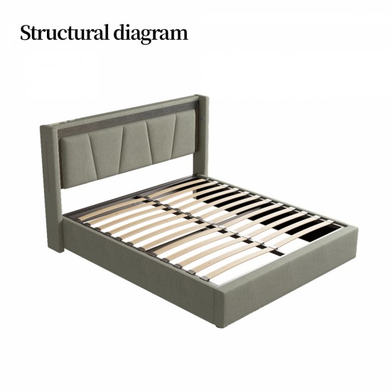 Queen Size, Cotton and Linen Fabric, Pneumatic Bed, with Storage Space under the Bed, Stable Bed Structure,Dark Gray