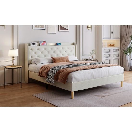 Queen Size Ded, Mesh Backboard Beautiful, With LED Lights, Cotton and Linen Fabric, Frame Stability, Easy to Assemble,Light Gray