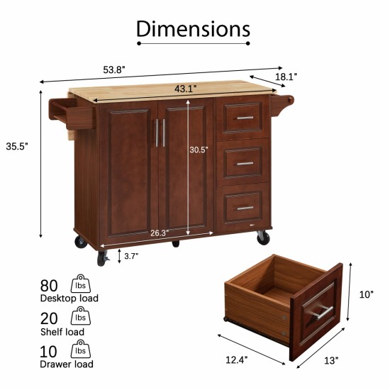 Kitchen Island with Drop Leaf Countertop, Rolling Kitchen Island Cart , Barn Door Kitchen Island Table with Storage Cabinet and Tower Rack, Island Table On Wheels for Kitchen, Retro Brown