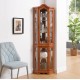 Curio Cabinet Lighted Glass Display Curio Cabinet w/Tempered Glass Doors and Shelves, Crown Corner Cabinet with Bulb, Corner Storage Decoration for Living room and Bedroom OAK