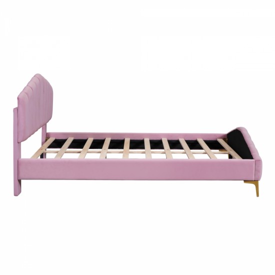 Queen Size Velvet Platform Bed with Thick Fabric, Stylish Stripe Decorated Bedboard and Elegant Metal Bed Leg, Pink