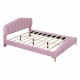 Queen Size Velvet Platform Bed with Thick Fabric, Stylish Stripe Decorated Bedboard and Elegant Metal Bed Leg, Pink