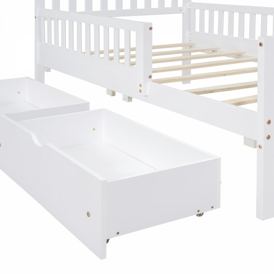 Twin Size Wood Platform Bed with Guardrails on Both Sides and Two Storage Drawers ,White