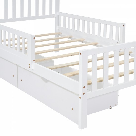 Twin Size Wood Platform Bed with Guardrails on Both Sides and Two Storage Drawers ,White