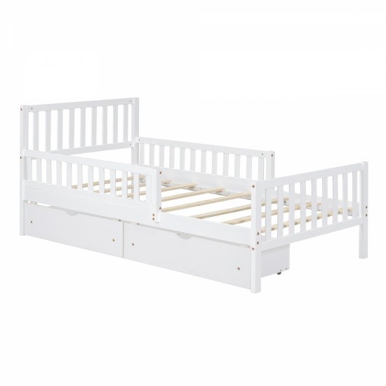 Twin Size Wood Platform Bed with Guardrails on Both Sides and Two Storage Drawers ,White