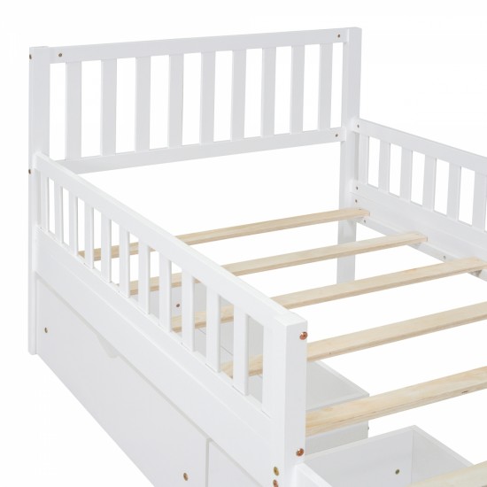 Twin Size Wood Platform Bed with Guardrails on Both Sides and Two Storage Drawers ,White