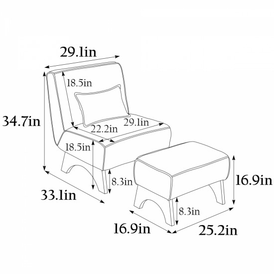 29.13 Inch Wide Accent Chair with Ottoman lounge Armless chair Upholstered Reading Chair Single Sofa with Nature Wooden Leg and Throw Pillow for Living Room Bedroom Dorm Room Office,  Blue Corduroy