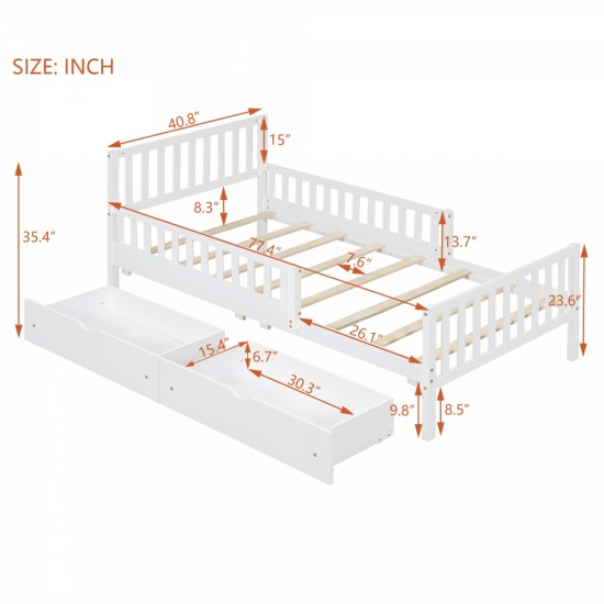 Twin Size Wood Platform Bed with Guardrails on Both Sides and Two Storage Drawers ,White