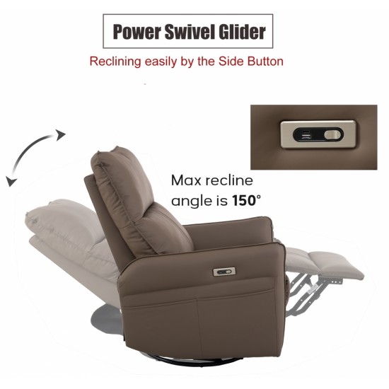 270° Power Swivel Rocker Recliner Chair, Electric Glider Reclining Sofa with USB Ports, Power Swivel Glider, Rocking Chair Nursery Recliners for Living Room Bedroom(Brown)