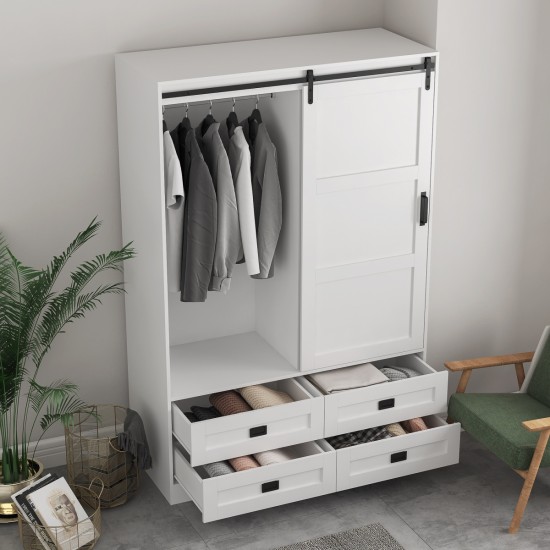 Tall Bedroom Armoire Wardrobe Closet Clothing Storage Cabinet with Hanging Rod Barn Door Drawers Open Shelves