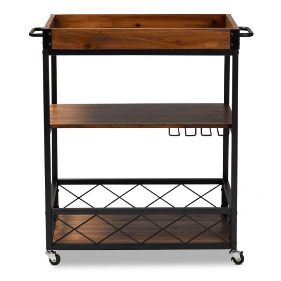 32.6'' Tall Industrial Style Rolling Kitchen Island Wine Cart with Black Finished, Fir Wood Mobile Metal Wine Bar Cart with Glass Rack, Oak Brown