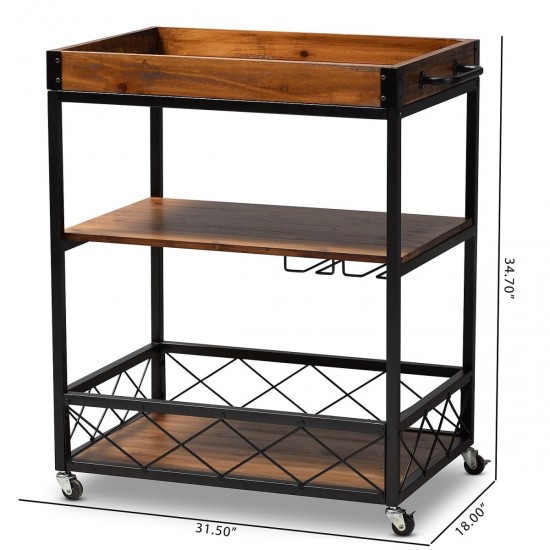 32.6'' Tall Industrial Style Rolling Kitchen Island Wine Cart with Black Finished, Fir Wood Mobile Metal Wine Bar Cart with Glass Rack, Oak Brown